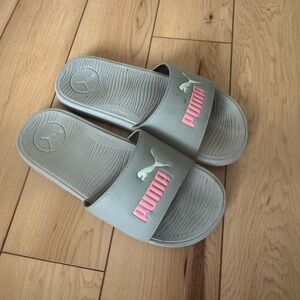 Puma Sage Green Slides with Pink Logo